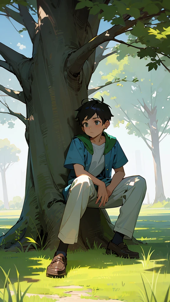 There is a boy sitting on the grass under the tree .  