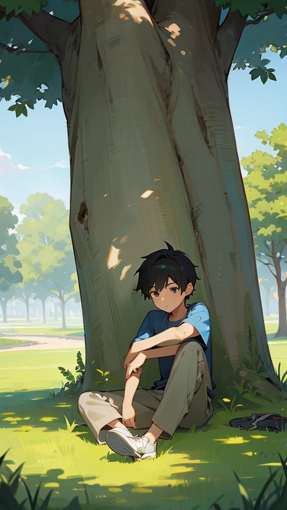 There is a boy sitting on the grass under the tree .