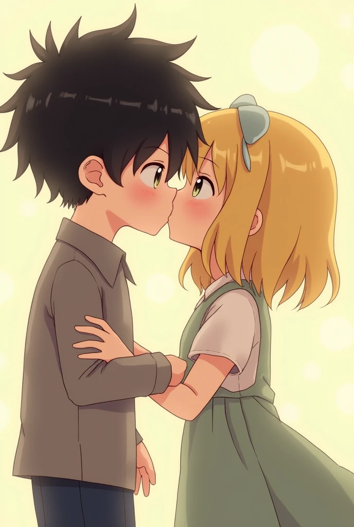 Black haired boy and light yellow haired girl kissing