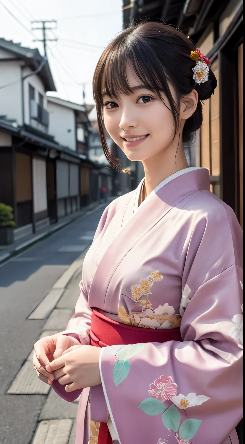 Professional Lighting,(Realistic:1.4), (Top image quality:1.0), (超High resolution:1.0), 8k, Raw photography, (masterpiece:0.2), (Dealing with the Children_v1:0.5)、(最高quality Detail:1.2)、Realistic、8kウルトラHD、High resolution、(1 girl:1.2)、超detailedな、High quality textures、複雑なdetailed、detailed、Very detailed CG、High quality shadows、detailed 美しく繊細な顔、Beautiful details and a delicate eye、(Symmetrical eyes:1.2),Written boundary depth、Ray Tracing,1 girl, Japanese Girls, (Natural smile:1.4),cute, thin, Portrait of a beautiful Japanese woman in a kimono, Standing elegantly on a street corner in Kyoto. Kimono with vibrant traditional patterns, Hair decorated with elegant and delicate hairpins, Gentle expression. (With the old streets of Kyoto in the background:1.4)、The soft light of a spring afternoon、Adding tranquility to the scene. Rendered in a Realistic style with great attention to detail, High resolutionの画像.Sky Porn, Magic Hour, (Realistic:1.3), finely, quality, (Tabletop:1.2), (Realistic:1.2), (最高quality), (複雑なdetailed), dramatic, Ray Tracing, photograph, +roller
