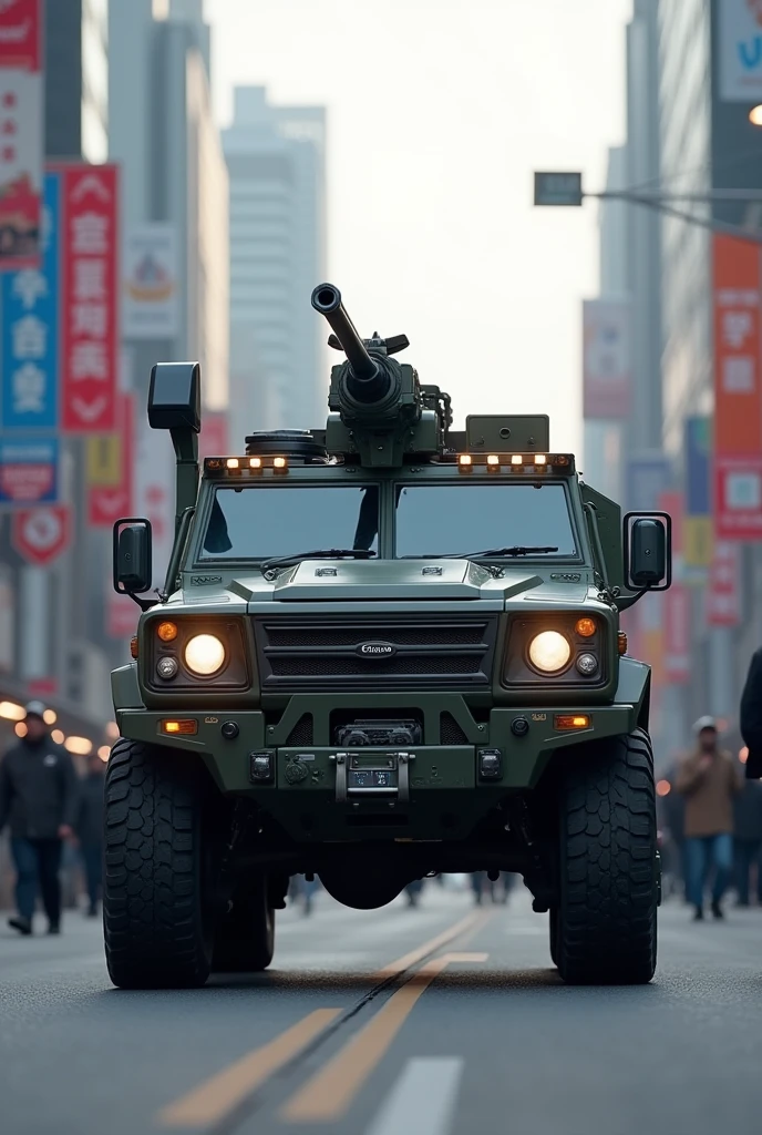 South Korean all-terrain tactical vehicle, transiting in the city of Seoul, equipped with a machine gun in the upper turret, wide angle, octane rendering, volumetric lighting, ultra detailed, intricate details, golden ratio, 3D image, resolution 64K. Photographic style: Canon EOS 90D Camera, lente 50mm, F2 aperture.5 