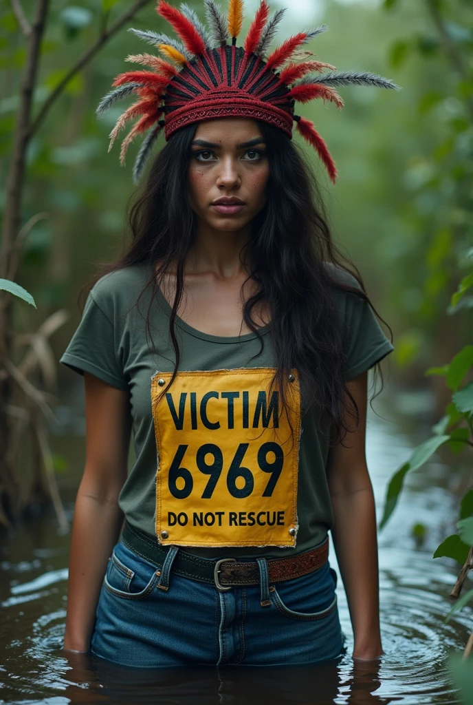 extremely detailed beautiful hot woman in jeans and t-shirt, sport small race bib "VICTIM 6969 DO NOT RESCUE", is victim of ritual, drowning in bog, in the middle of a bog, sexy fashion photoshoot posing, headdress ,provocative traditional indigenous makeup. red, green, blue