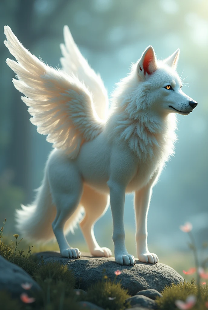 Create a wolf with a human complexion and that has characteristics of an angel