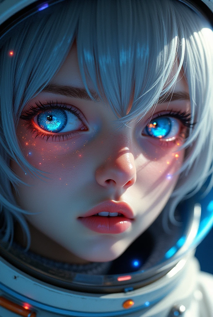 (Close-up of a better masterpiece:1.5)0.9], (Space and astronauts:1.2) (Messy silver hair:1.1) (Heterochromia xanthochromia and blue eyes:1.2) (Space Helmet:1.0) (Colored stars in the eyes:1.0) (A radiant glow:1.1) (thick lips:0.9)