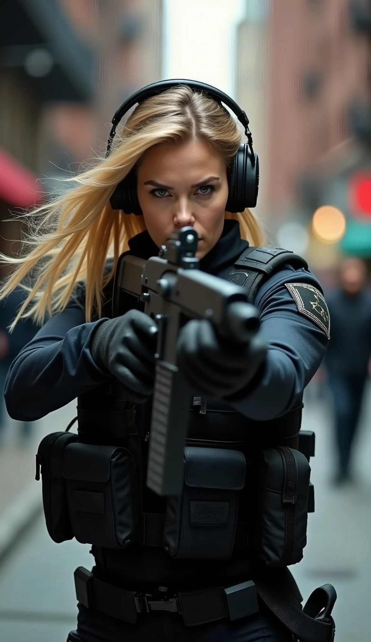 (masterpiece,Highest quality,Ultra-high resolution),One Woman,American Women,blonde,(Beautiful Eyes,Beautiful Hair,Beautiful Skin,Beautiful Face),Severe,whole body,(Shootout in the city,Combat in a narrow alley),(Dynamic Movement),((Small machine gun)),Police special forces uniform,Bulletproof vest,Combat Boots,Tactical Foster,Tactical Headset,Tactical Helmet,(The background is New York City),(((Background Blur)))