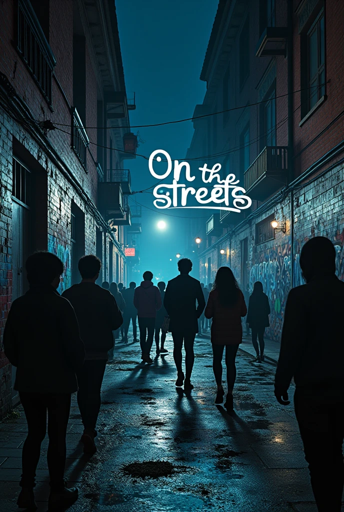 Add Dark Gray Colors at Night Graffiti that says "On the streets" with Spanish hip hop street music