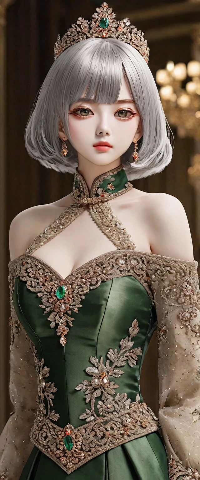 (((perfect quality, perfect anatomy, perfect body, beautiful, masterpiece, ultra detailed, 32K, anime style, full body))), 1girl, 17 years old, (shiny silver hair), (Airy bob cut, bang between eyes, beautiful hair, glossy silver eyes, beautiful eyes, twinkle eyes, large breast), 1 beautiful girl, cute face, beautiful face, pretty face, beautiful, best quality, good anatomy, shiny skin, Stand up straight with good posture, BREAK (Draconic Majesty-inspired glossy silk dress, featuring elements of dragon scales and fire, with a color palette of emerald green and bronze:1.2), (dress has a fitted bodice with a high neckline, adorned with intricate scale patterns in shimmering emerald and bronze thread, sleeves are long and dramatic, with flame-like appliques in metallic fabric:1.2), (skirt is floor-length with a mermaid silhouette, crafted from layers of silk and organza, creating a flowing effect that mimics the movement of dragon wings, hemline is embellished with beadwork and fiery motifs:1.2), (Accessories include a bronze tiara with dragon motifs and matching earrings, completing the regal and mystical look), BREAK Ballroom in a top-of-the-line hotel,