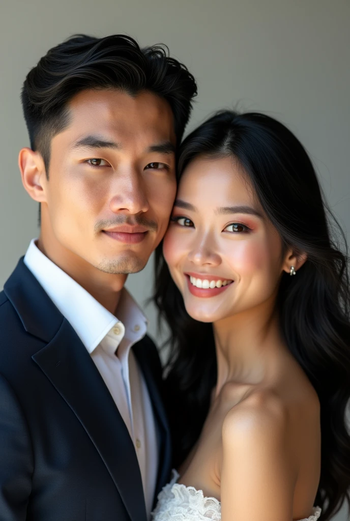 A handsome American man in his late twenties with blue almond eyes and sharp jawline, perfect pointy nose, black hair, broad shoulders, wear suit. And beside him stands a beautiful young chinese lady, who has brown eyes and black hair, she has a beautiful smile that is like a sunshine.