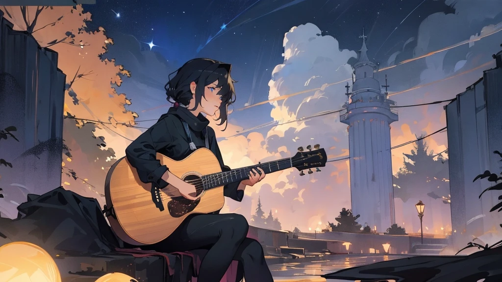 masterpiece,night,(dark alley),star、Night Sky、milky way、octone、
(1. Female), (solo), Knee hugging sitting,acousticguitar