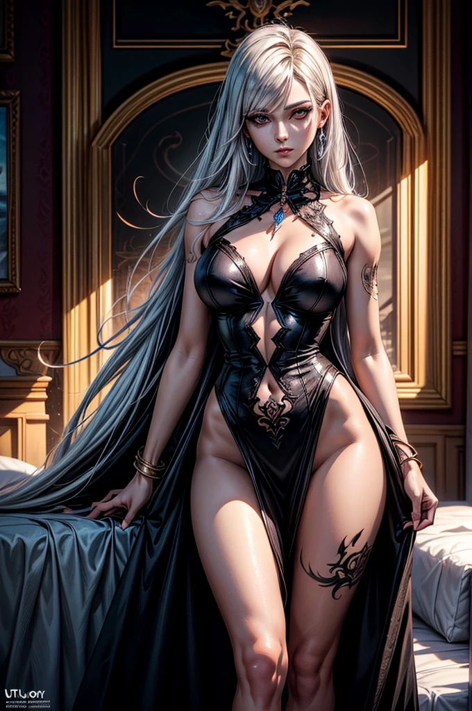 On the luxutious bed there is laying a naked goddess of darknes, she have beatiful face , long black hair , silver eyes smoky eyes make uo and black lipstic , there is thin transpatant wail dressed on her body that all cover with tattoos she have seductive look and laying in sedductive poce, dark smoke looking aura seround her, (ultra high quality fantasy art, dark fantasy style, masterpiece, ultra high quality character design, 8k quality anime art, realistic anime art, top quality wallpaper illustration, detailed ultra high quality accurate face, high quality design and accurate physic)
