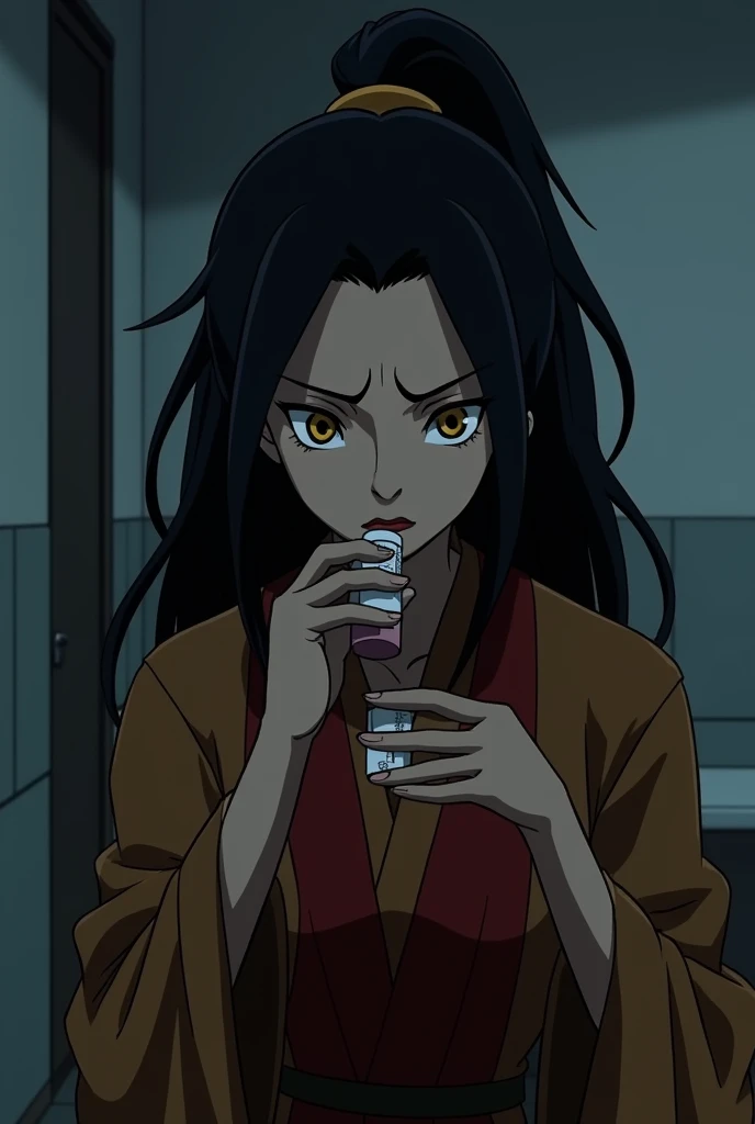 Draw the character of Azula (from Avatar: The legend of aang) taking his medications for hallucinations, try to make it as similar as possible 
