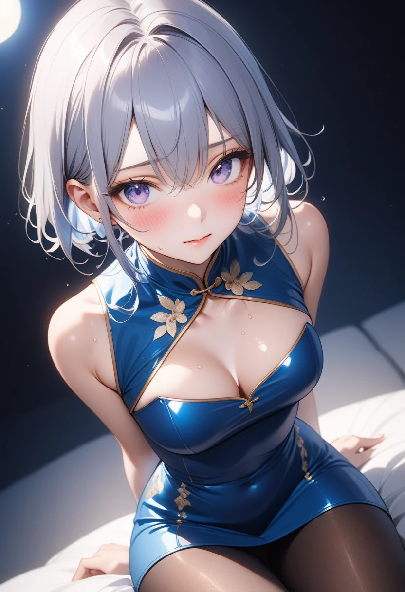 (china dress), ((skirt)), ((pantyhose)), ((Shiny Costumes)), skindentation, skinny, solo, 1 woman, Masterpiece, highest quality, highest quality, 16K, incredibly absurd, highly detailed, 2.5D, ai-generated, delicate and dynamic, very delicate facial expressions, delicate eye depiction, erotic, only sexy woman, ((A cute and kind face)), healthy figure, ((25-year-old woman)), 160cm tall, medium firm swaying bust, , blush, Sweat,Embarrassed,sexy, ((thin thighs)), (camel toe:0.7), (visible nipples:0.3), (Erect nipples,:0.7), shiny and lustrous, facing straight at viewer, (((in heat))), ((Oily_skin)),, ((dutch angle)), ((erotic pose)), , (((A woman making a confession under the moonlight))),, ((sit)),