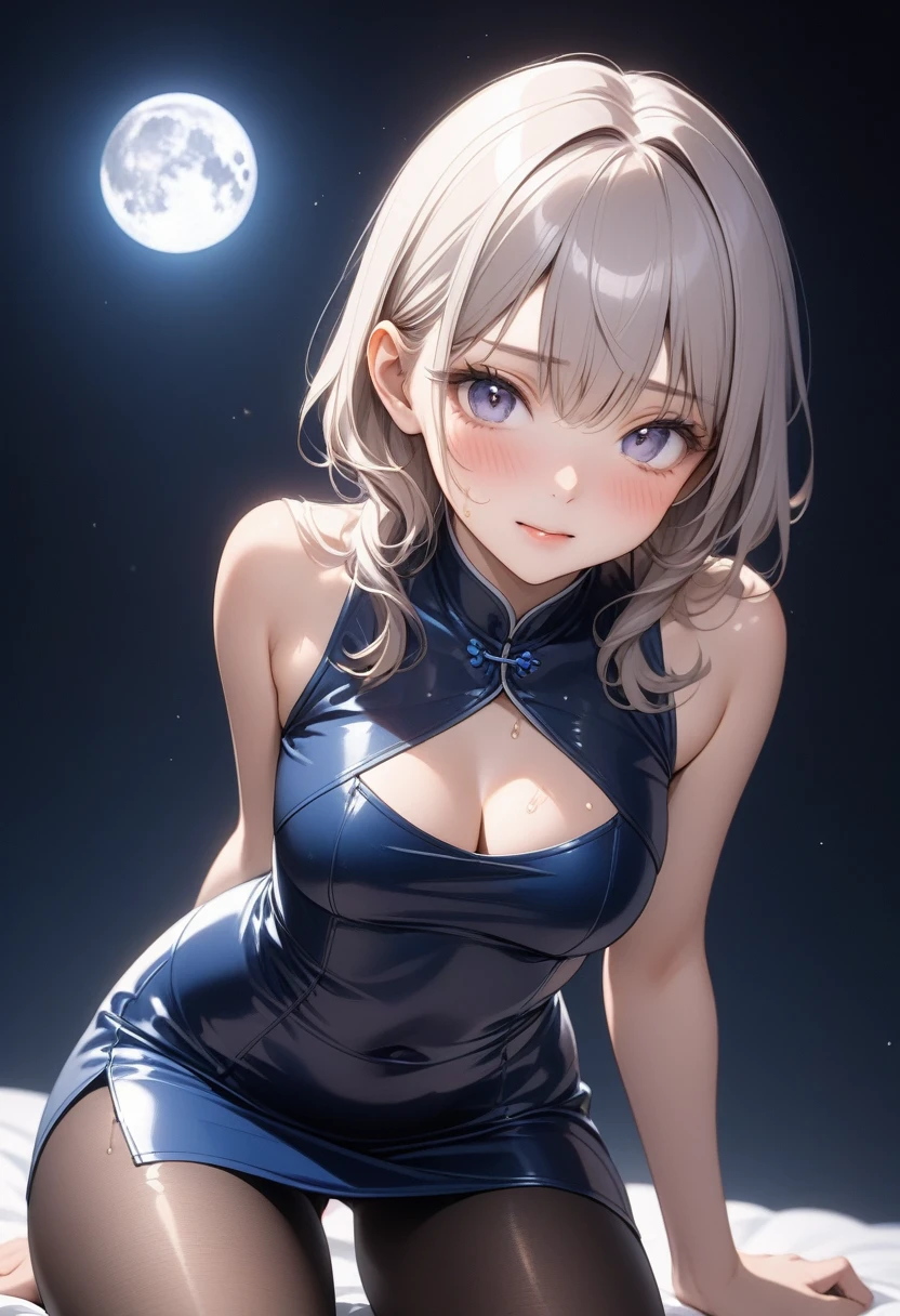 (china dress), ((skirt)), ((pantyhose)), ((Shiny Costumes)), skindentation, skinny, solo, 1 woman, Masterpiece, highest quality, highest quality, 16K, incredibly absurd, highly detailed, 2.5D, ai-generated, delicate and dynamic, very delicate expressions, delicate eye depiction, erotic, only sexy w, ((A cute and kind face)), healthy figure, ((25-year-old woman)), 160cm tall, medium firm swaying bust, , blush, Sweat,Embarrassed,sexy, ((thhighs)), (camel toe:0.7), (visible nipples:0.3), (Erect nipples,:0.7), shiny and lustrous, facing straight at viewer, (((in heat))), ((Oily_skin)),, ((dutch angle)), ((erotic pose)), , (((A woman making a confession under the moonlight))),, ((sit)),