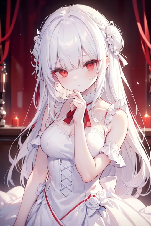(limited palette), best quality, (((masterpiece))), (((beautiful detailed hair))), (((beautiful detailed skin))), solo, , younger, loli, (((white hair))), red eyes, (mascara), blunt bangs, ((hair over eyes)), long hair, medium breasts, frilled white dress, white frills, too many frills, rose, noble, loyal, brides hair head, (((eye focus))), (((expressionless))), blurry background, empty eyes, blank eyes, (red theme), bedroom background, looking at viewer, (((hair tucking))), (((night))), half-closed eyes, close-up, (((hair ornament))), upright body, Neatly cut bangs, braided hair behind head, sleeveless dress, smile 