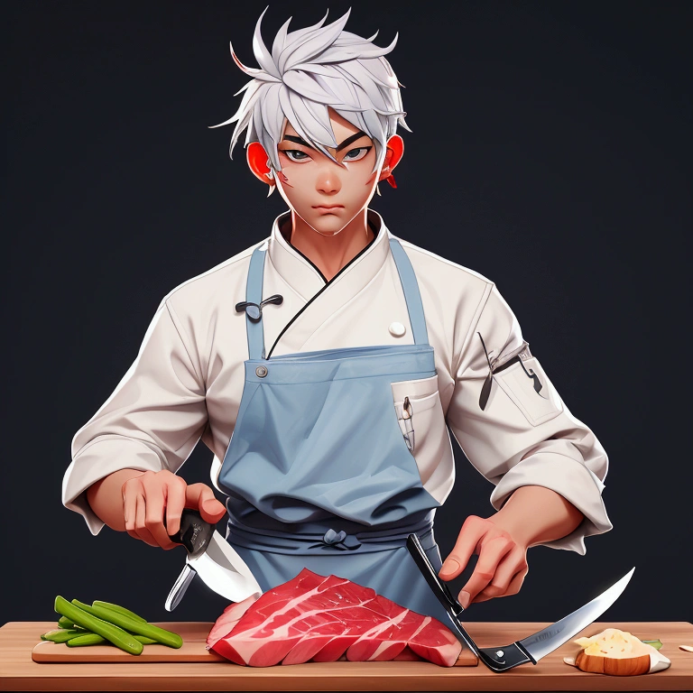 anime style butcher cutting board,knife,food,kitchen knife,male focus,独奏,holding knife,Meat,holding,1boy,onion,(Food close-ups:1.1),