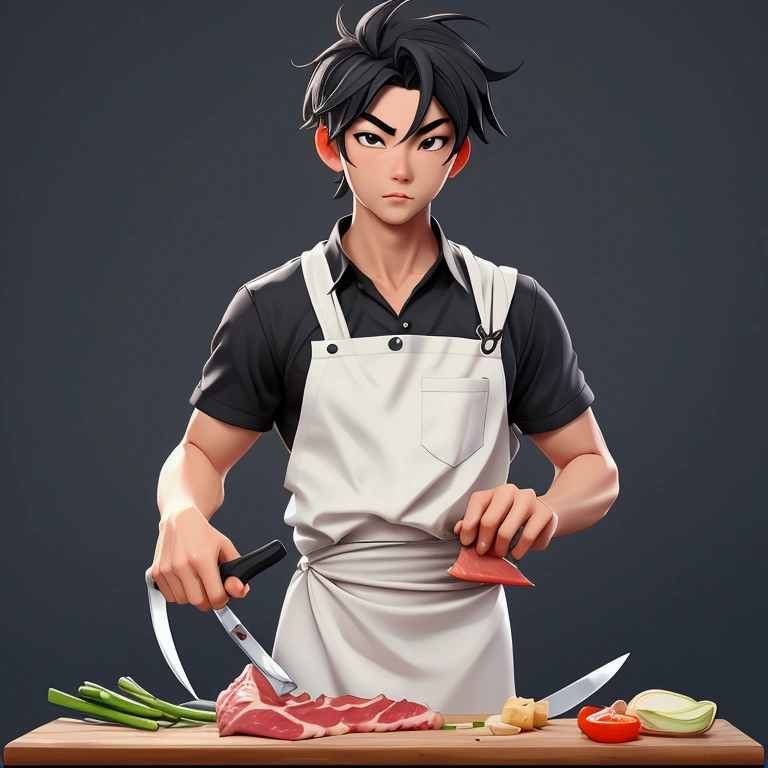 anime style butcher cutting board,knife,food,kitchen knife,male focus,独奏,holding knife,Meat,holding,1boy,onion,(Food close-ups:1.1),