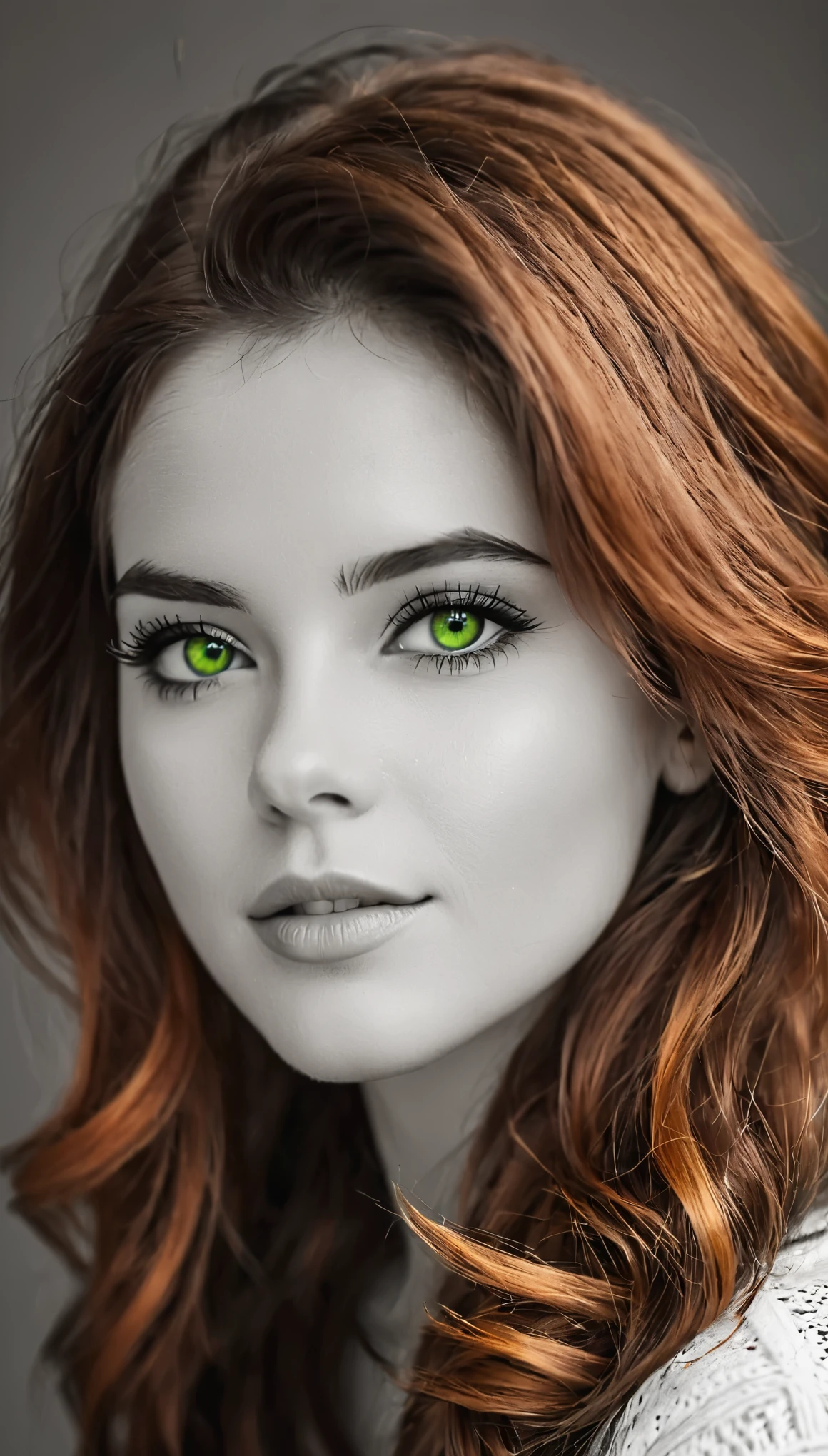 Photo noir et blanc et deux autres couleurs, une femme rousse heureuse et rayonnante de bonheur aux yeux verts sublimes, (longs cheveux aux reflets roux électriques très détaillés), une grande paire de fines lunettes en titane , une peau impeccable, tir à moitié du corps, intensité du regard captivant, style de photographie fantaisiste, capturé avec un appareil photo, Cinématique, Éclairage dramatique, Extrêmement clair, masterpiece surréaliste à couper le souffle.
