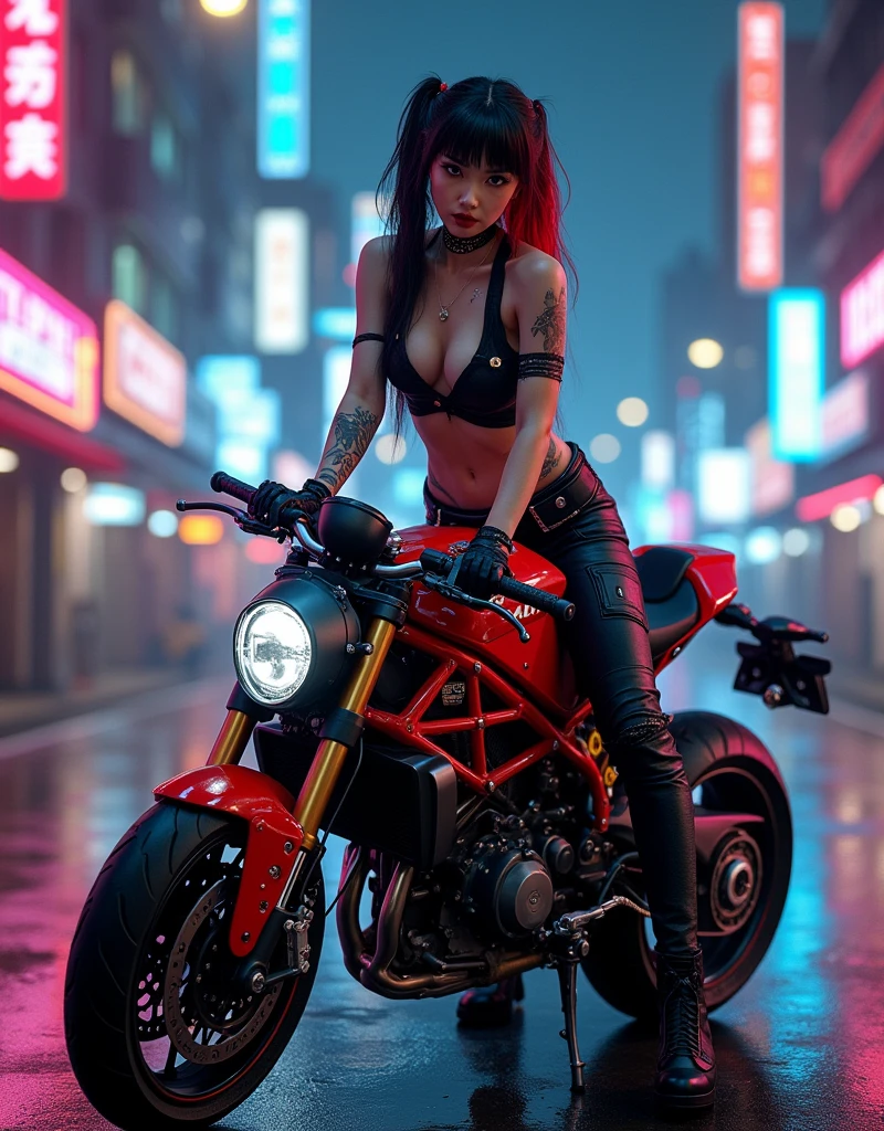 A full view full body, A stunning Japanese Evangelion anime cyberpunk biker girl stands leaning against her powerful red and black Ducati Panigale V4 motorcycle, bathed in the vibrant glow of neon and electric lights. Her face is in sharp focus, with extremely detailed features, including long two-tone hair with bangs (black with red highlights) and striking red lips. Her tattered crop-top showcases an Evangelion anime-print design, accentuating her big breasts and small waist. Tattoos adorn her skin, adding to the edgy atmosphere. God rays illuminate her stunning presence as she gazes directly at the viewer, exuding a sexy pose. The cyberpunk city street sprawls out behind her, bathed in hyper-realistic detail, with textures and shading creating an anatomically correct masterpiece worthy of retina-scanning quality, retina, accurate, masterpiece, super detail, high details, best quality, award winning, highres, HD, 4K, 8k, 16k, retina, accurate, masterpiece, anatomically correct, textured skin, super detail, high quality, award winning, highres, 8k, 16k
