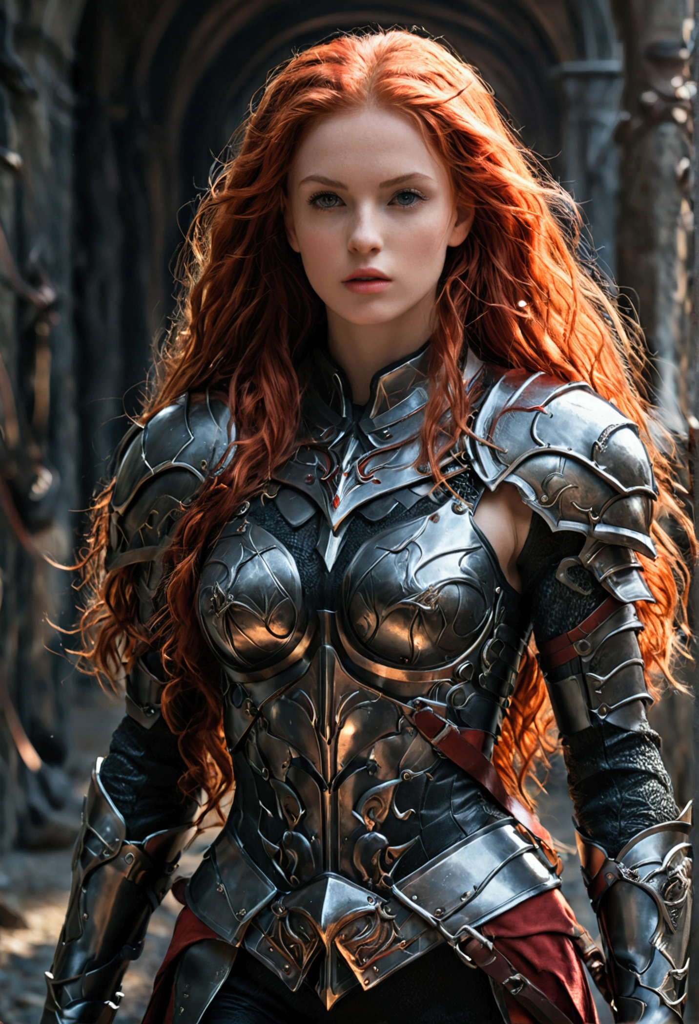 (full body shot:1) photorealistic image of a (walking:1) woman, ultrarealistic, photography, long red hair, woman, 24 years old, hourglass figure, perfect body, Flirty look, natural medium breasts, black metal armor, big red claymore sword on her back, walking out of the darkness into the light, full body shot, full body, full body picture, camera zoomed out, wide angle, wide angle shot, wide angle picture

