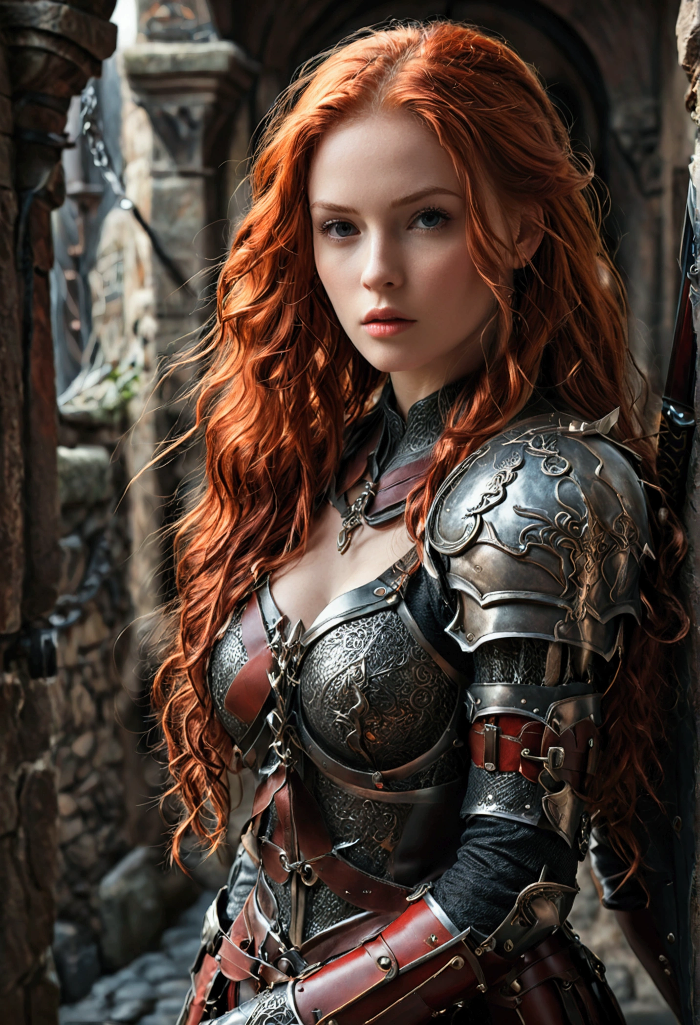 (full body shot:1) photorealistic image of a (walking:1) woman, ultrarealistic, photography, long red hair, woman, 24 years old, hourglass figure, perfect body, Flirty look, natural medium breasts, black metal armor, big red claymore sword on her back, walking out of the darkness into the light, full body shot, full body, full body picture, camera zoomed out, wide angle, wide angle shot, wide angle picture