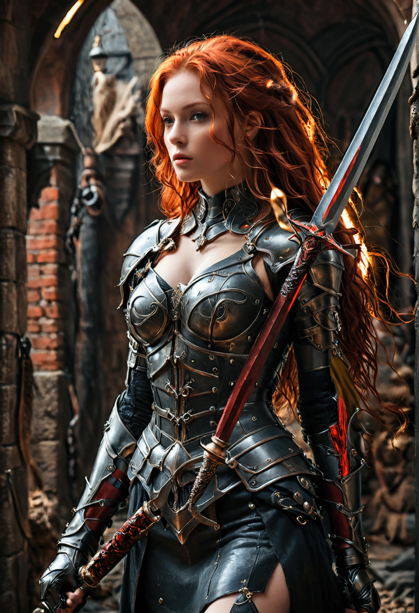 (full body shot:1) photorealistic image of a (walking:1) woman, ultrarealistic, photography, long red hair, woman, 24 years old, hourglass figure, perfect body, Flirty look, natural medium breasts, black metal armor, big red claymore sword on her back, walking out of the darkness into the light, full body shot, full body, full body picture, camera zoomed out, wide angle, wide angle shot, wide angle picture