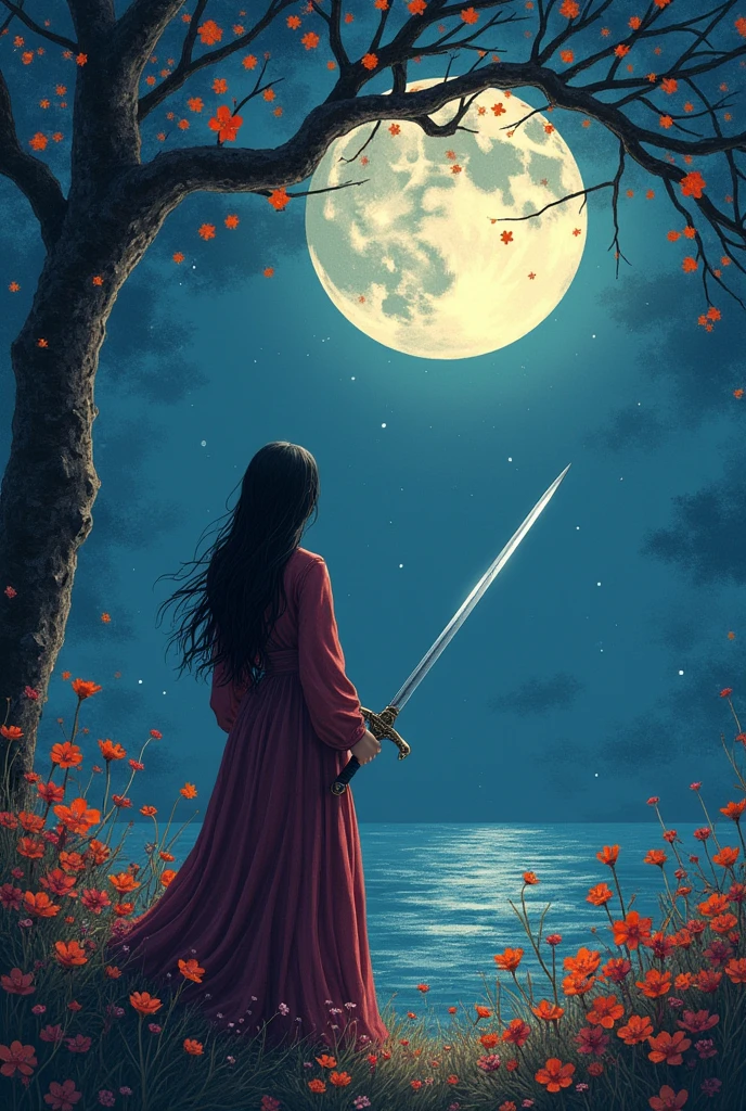 The moon falls on the eaves of clothes,Borrowing a sword to pick flowers and scatter branches