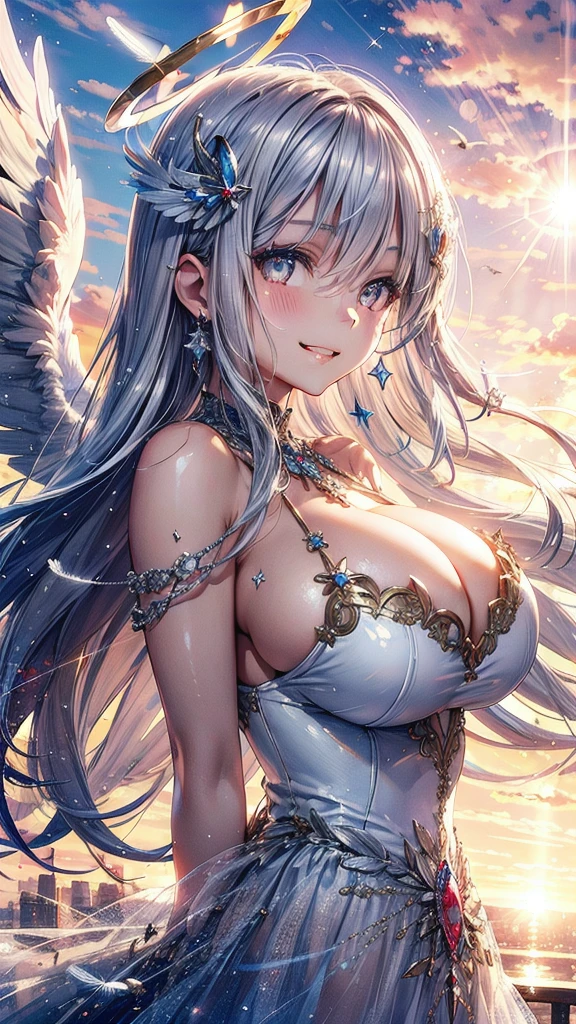 Particles of light, (Shining Light:1.2),(1 Angel Girl:1.2),26yo,nice, Adult face,Beautiful Face, (Face close-up:1.1),Big Breasts(Large Breasts:1.1),(Giant angel wings:1.2),(Wild smile:1.2), Pink long hair, Silver Eyes, Detailed eyes, (Huge bright halo:1.2),(Decorative halo:1.2),Face close-up,(Putting jewelry in your hair:1.2), (hair ornaments:1.2),(Glitter on the dress:1.2),(Detailed decoration on the dress:1.2),(Reflection of the dress:1.2),(A strong wind is blowing), fly in the sky, , (Dawn:1.2), (Heaven in the background:1.2), Huge sky, Cloudy,(Light of the sun:1.2), (Lens flare:1.2), (Many silver feathers are flying:1.2), ,(white dove flying:1.2)
