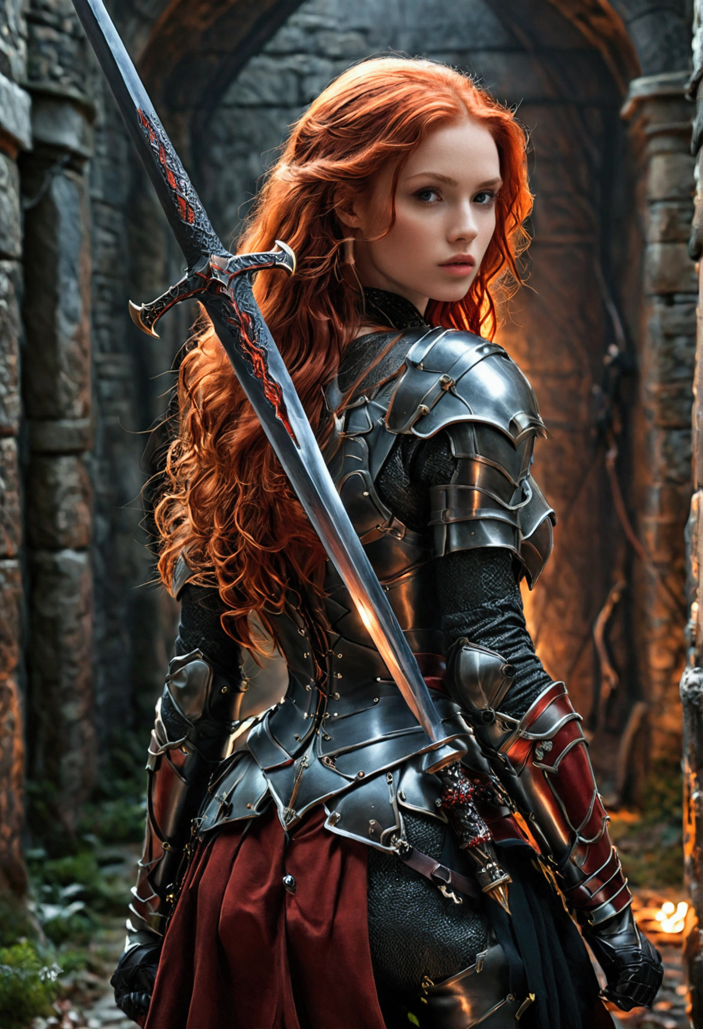 (full body shot:1) photorealistic image of a (walking:1) woman, ultrarealistic, photography, long red hair, woman, 24 years old, hourglass figure, perfect body, Flirty look, natural medium breasts, black metal armor, big red claymore sword on her back, walking out of the darkness into the light, full body shot, full body, full body picture, camera zoomed out, wide angle, wide angle shot, wide angle picture