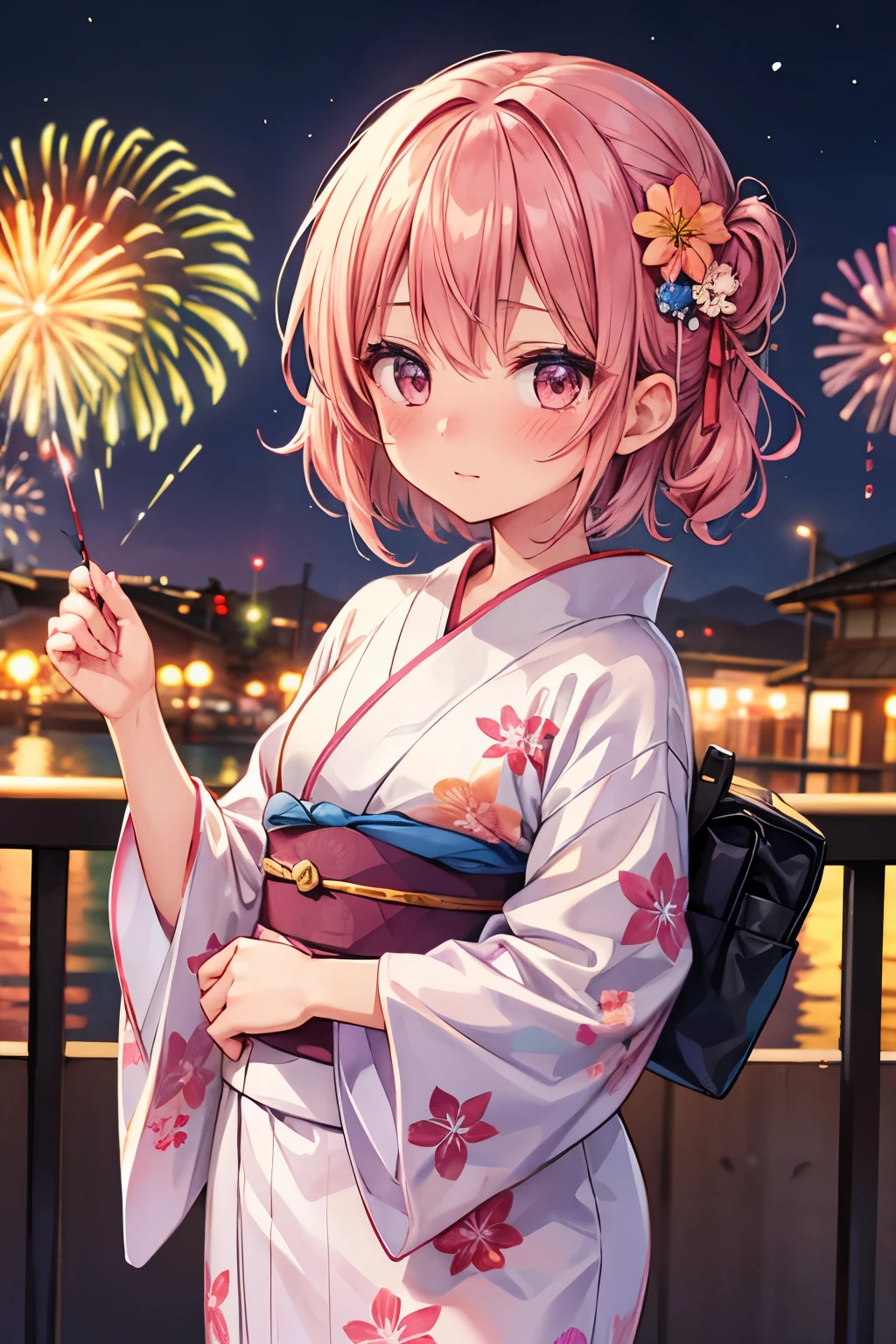 One girl, Blushing, Gaze, firework,yukata,Date,youth