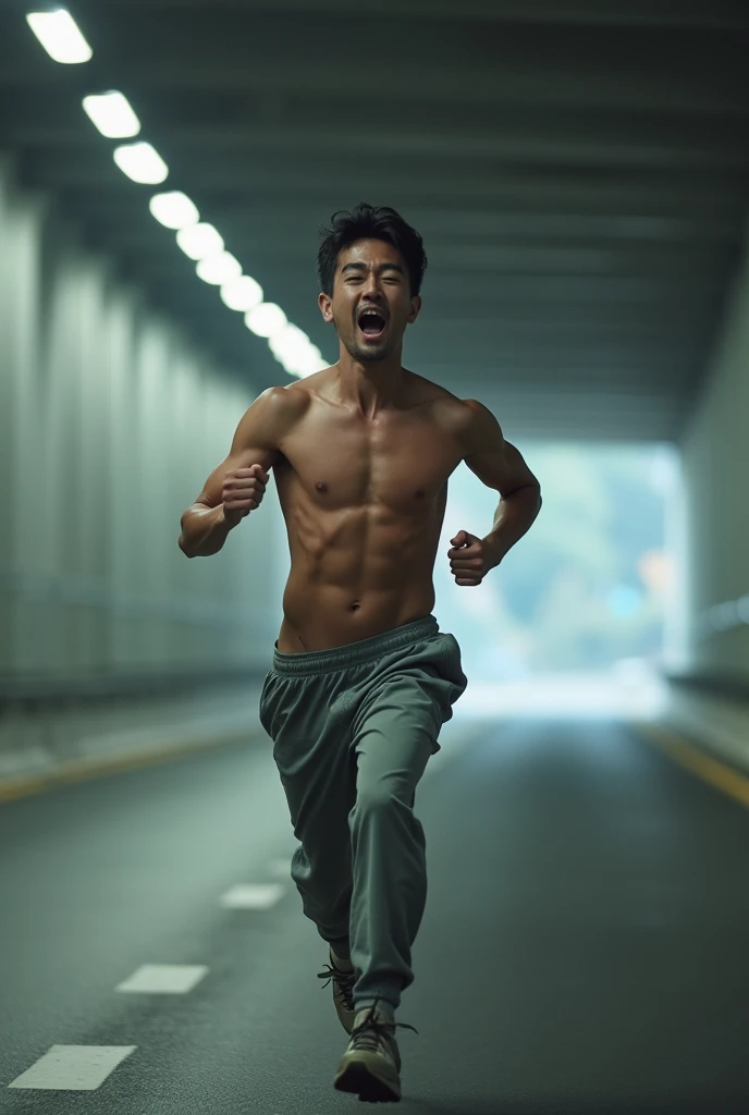 japanese man, running in a highway tunnel, passionate screaming, not wearing a shirt, sweatpants,