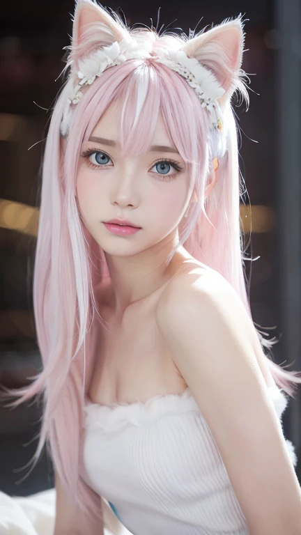 masterpiece, 4K, Highest quality, Bokeh, Consciousness upward,1 perfect portrait of a girl, Colorful Hair, (pink+White and soft hair:1.6), blue eyes,(Cat ear:1.3),Slim and tall figure, ファンタジーpinkの背景, Exposed bare shoulders, Long-term alienation_sleeve, Lean forward slightly, shy, Tilt your head ,Cinema Lighting,Larger clothes, (Seductive pose:1.3),