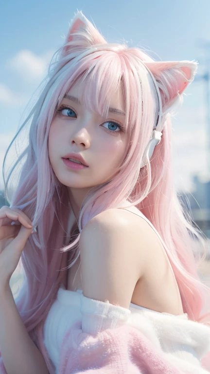 masterpiece, 4K, Highest quality, Bokeh, Consciousness upward,1 perfect portrait of a girl, Colorful Hair, (pink+White and soft hair:1.6), blue eyes,(Cat ear:1.3),Slim and tall figure, ファンタジーpinkの背景, Exposed bare shoulders, Long-term alienation_sleeve, Lean forward slightly, shy, Tilt your head ,Cinema Lighting,Larger clothes, (Seductive pose:1.3),