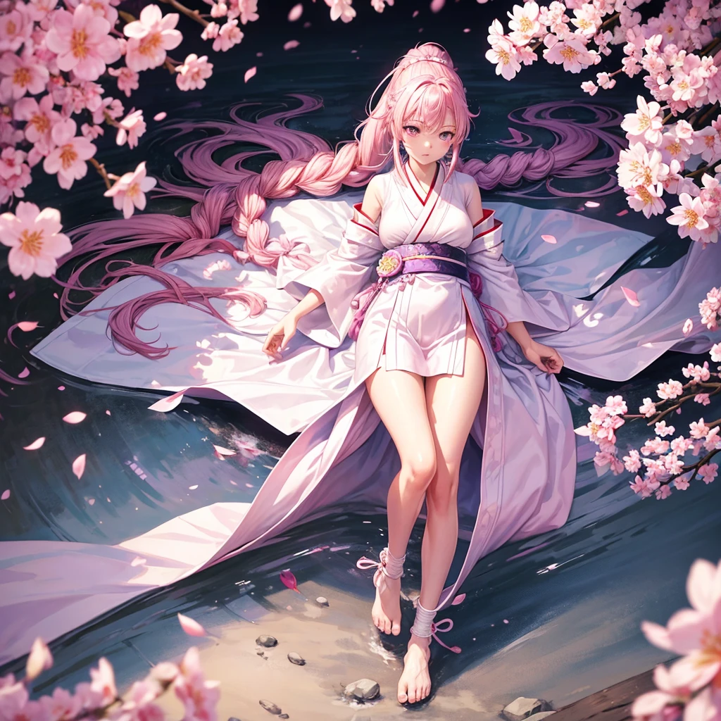 Girl, 17 years old, fair skin, long pink hair braided in a ponytail, purple eyes, white yukata with open legs and sakura petals, slender, beautiful bare feet, black belt, white gloves, red sakura flowers, pink long cloak with a pattern,  cherry blossom tattoo on leg, detail, perfect, Japan