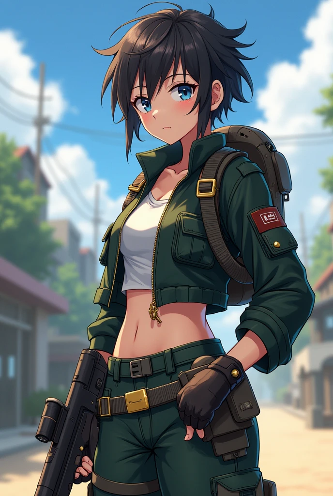 Name: AliAge: 17 years oldPhysical Description:Slim body with an athletic posture, medium height.Her face looks intelligent with eyes full of determination.Hair is short and messy, giving the impression of not being too organized but practical.Clothing:Wearing practical everyday clothes such as tactical jackets, trousers with lots of pockets, and boots. Has unique equipment such as a bazooka similar to Alessioherok's weapon, as well as tactical gadgets and tools on his belt. with anime art style
