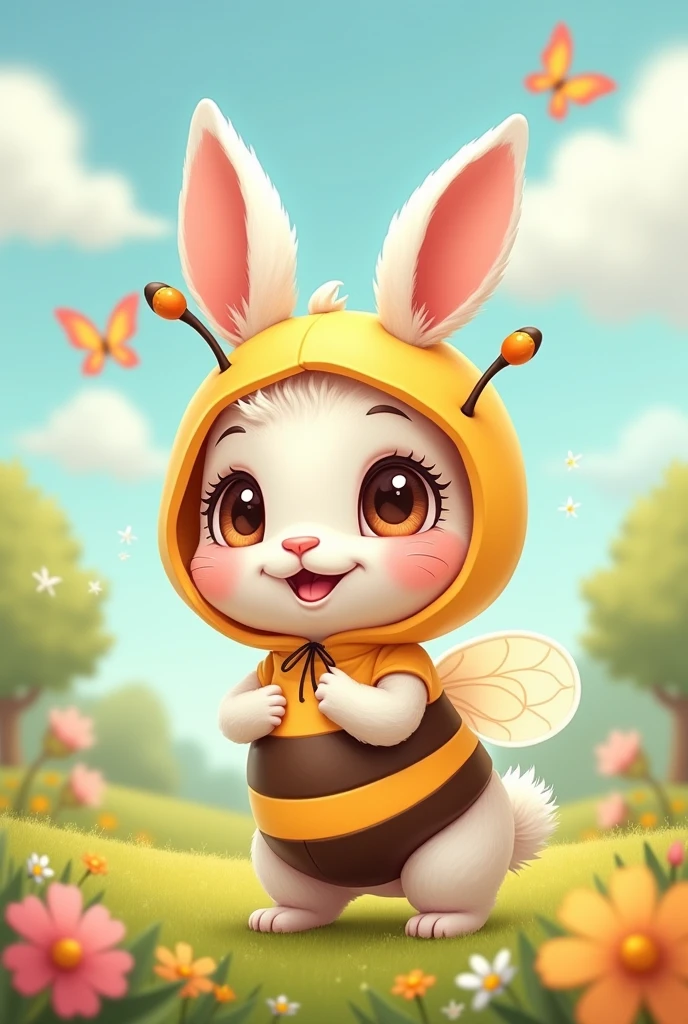 Cartoon image of a cute baby rabit wearing a bee costume. 