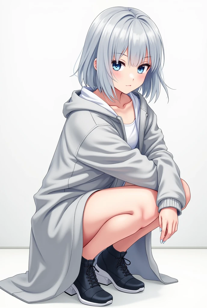 Girl, 20s, silver hair, bob hair, cool, blue eyes, illustration, mini character, whole body, crouching