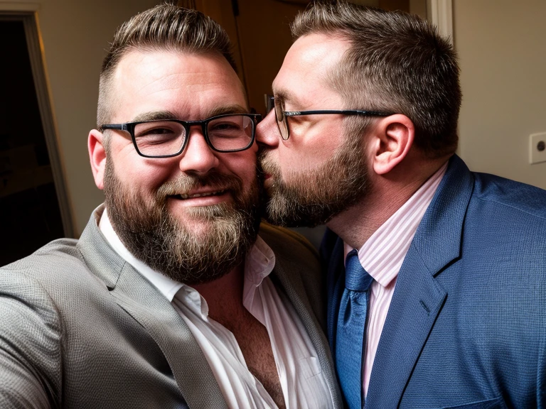 Award-winning original photos，2men, a wild muscular man and a tall chubby man, (40 years old daddy:1.1), beards, burly, hunk, (office suits), one man wearing glasses, holding each other's shoulders close,(one kissing lovingly while the other man taking a selfie), detailed, lovely, upper body shot, from the side