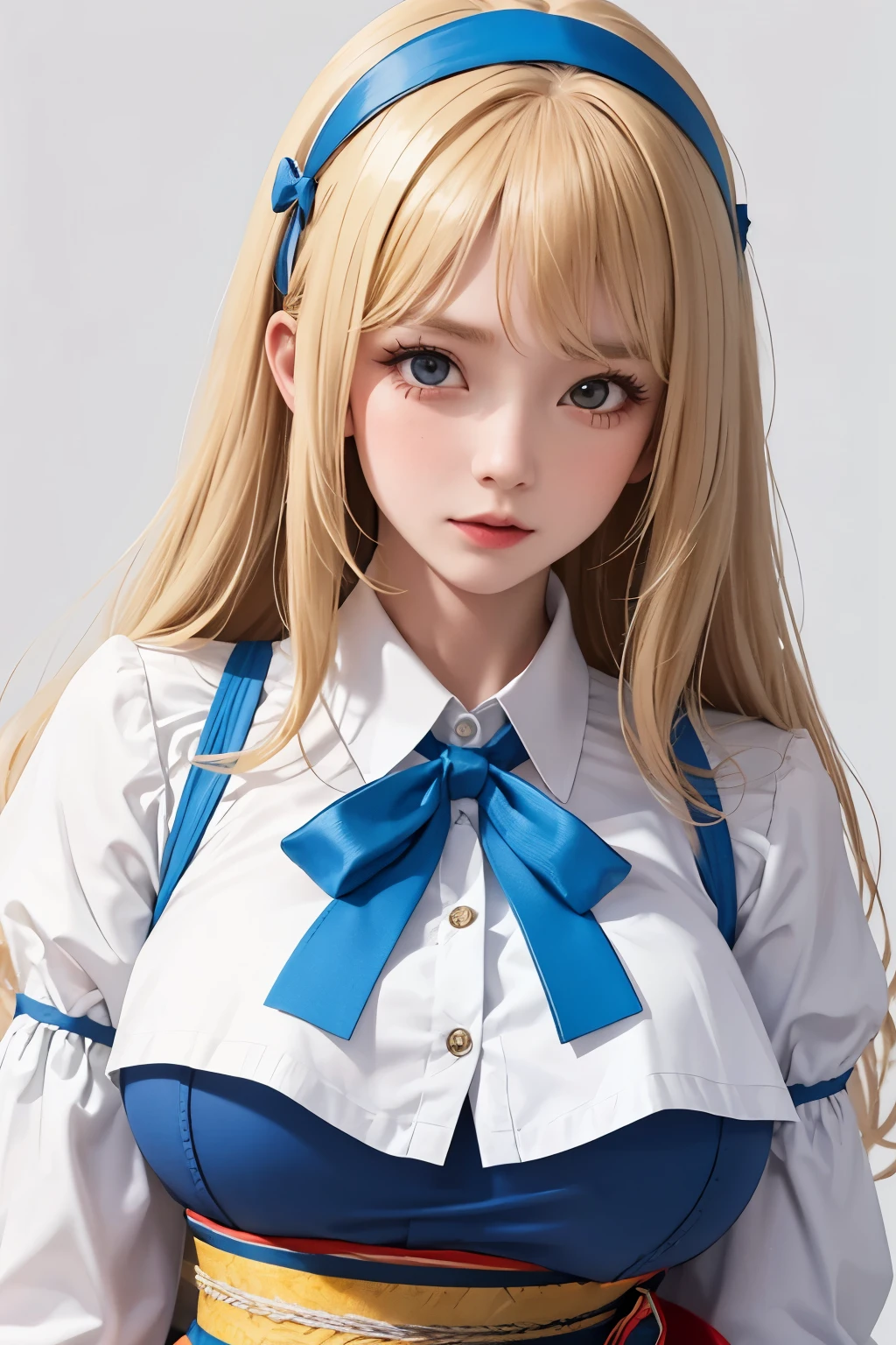 (8K), Sharp Focus, hight resolution, 1girl in, Alice, Upper body, Alice Def, Blonde hair, (sash, Bow, Hair Band), huge-breasted, Dress, (High quality:1.2), (high detailing:1.2), (masutepiece:1.2), (Extremely detailed:1.2),