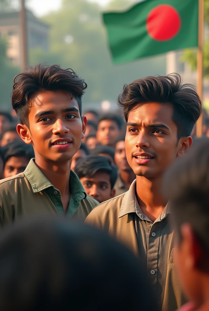 Two male politicians who are aged teenager giving speech and their face in clearly visible from front with teenage students in background in Bangladeshi environment and Bangladesh flag is seen