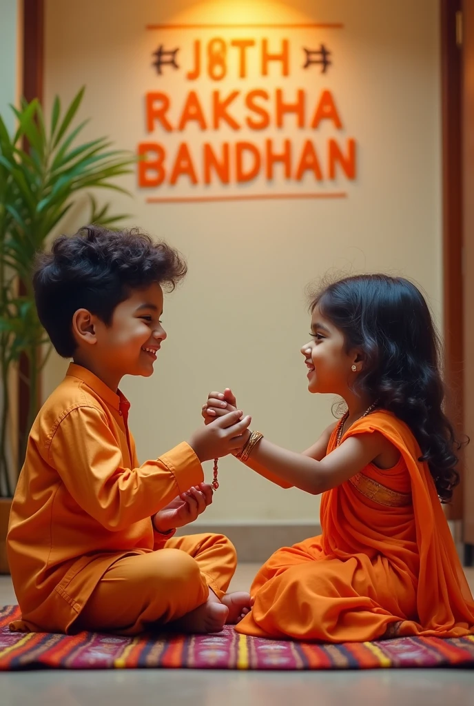 Raksha bandhan photo
A real 20 year old  Cute boy and girl are sitting face to 2ace on a colorful mat in the home lobby, the boy has extended one of his hands forward, And Girl tying Rakhi on brother's hand. boy is wearing a Orange colored kurta And the girl is wearing a Orange Sari, boy has a gift box in his other hand, is smiling, boy has applied tilak on his forehead, and on the wall in bold letters "HAPPY RAKSHA BANDHAN" "Roshan & PRATIBHA " It is written, 4k image