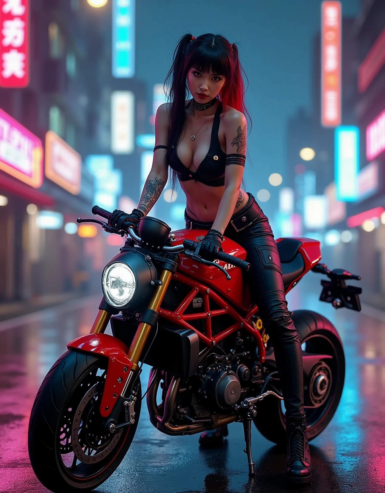 A full view full body, A stunning Japanese Evangelion anime cyberpunk biker girl stands leaning against her powerful red and black Ducati Panigale V4 motorcycle, bathed in the vibrant glow of neon and electric lights. Her face is in sharp focus, with extremely detailed features, including long two-tone hair with bangs (black with red highlights) and striking red lips. Her tattered crop-top showcases an Evangelion anime-print design, accentuating her big breasts and small waist. Tattoos adorn her skin, adding to the edgy atmosphere. God rays illuminate her stunning presence as she gazes directly at the viewer, exuding a sexy pose. The cyberpunk city street sprawls out behind her, bathed in hyper-realistic detail, with textures and shading creating an anatomically correct masterpiece worthy of retina-scanning quality, retina, accurate, masterpiece, super detail, high details, best quality, award winning, highres, HD, 4K, 8k, 16k, retina, accurate, masterpiece, anatomically correct, textured skin, super detail, high quality, award winning, highres, 8k, 16k

