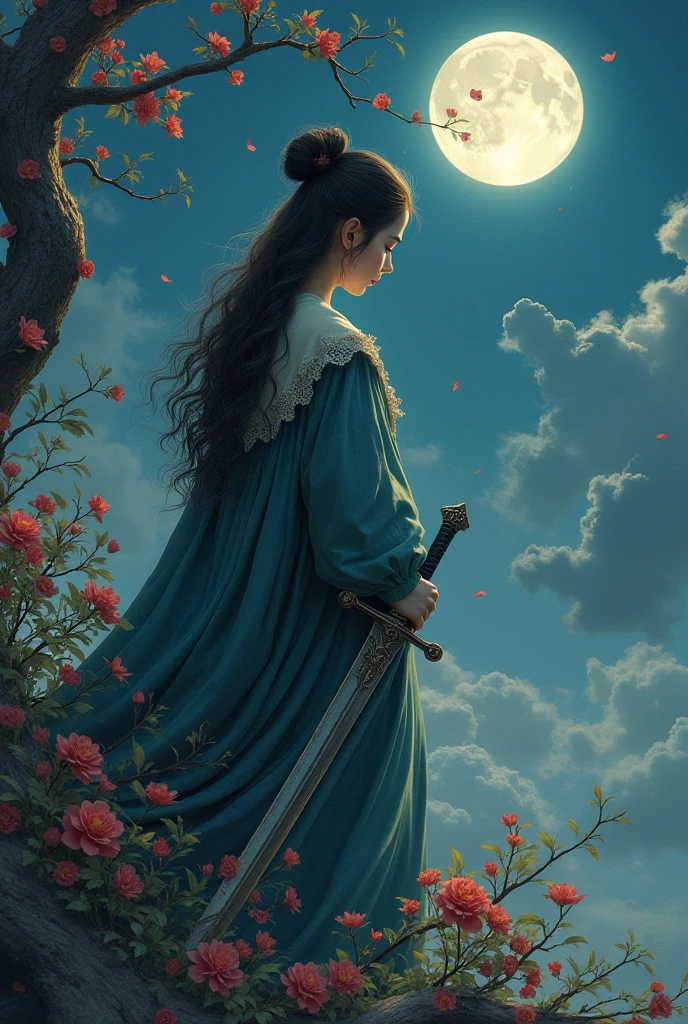 The moon falls on the eaves of clothes，Borrowing a sword to pick flowers and scatter branches