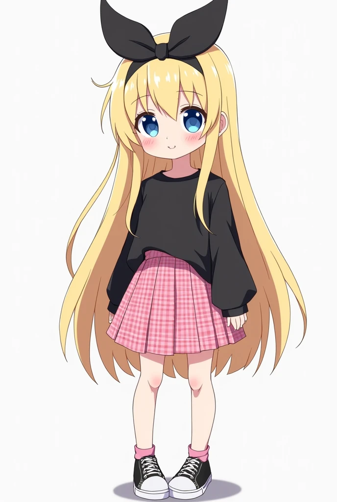 girl, blue eyes, pale yellow hair, long hair, headband with small black horns, kawaii, short pink checkered skirt with black, loose shirt, black shirt, white and black canvas shoes, tall of stature, without jacket or coat, Modern Anime Style, High Definition, Ultra Details, Fantasy Modern World, HD, Create an anime-style portrait of a capturing her distinct facial features. Her eyes are large and ocean blue, with a crystal-clear sharpness and delicate eyelashes that frame them gently. Her nose is small and dainty, with a subtle roundness at the tip. Her lips are soft and slightly parted, with a natural pink hue that suggests youthful innocence. Her ears are just visible, small and neatly shaped, tucked beneath her pale yellow hair. The hair itself is long and straight, cascading down with a gentle wave at the ends, and a large black bow sits atop her head, adding a touch of girlish charm. Her face shape is softly rounded with a gentle chin, embodying the freshness of youth. This illustration should convey the serene and thoughtful expression of the girl, with each feature meticulously detailed to reflect her calm and gentle persona.