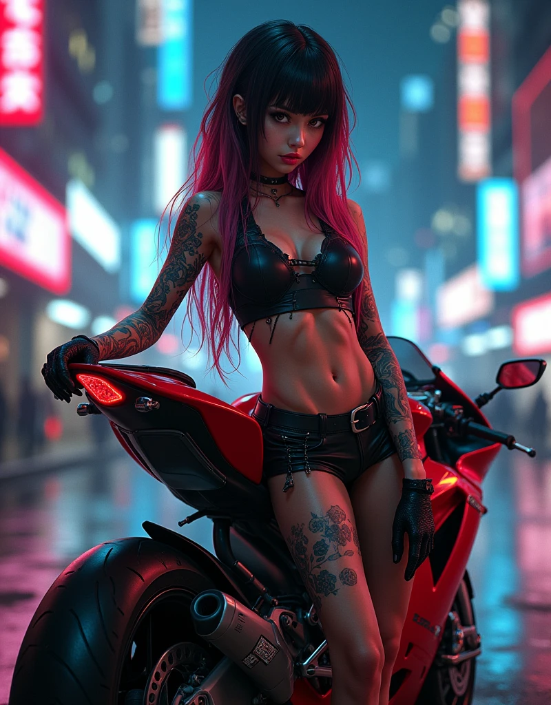 A full view full body, A stunning Japanese Evangelion anime cyberpunk biker girl stands leaning against her powerful red and black Ducati Panigale V4 motorcycle, bathed in the vibrant glow of neon and electric lights. Her face is in sharp focus, with extremely detailed features, including long two-tone hair with bangs (black with red highlights) and striking red lips. Her tattered crop-top showcases an Evangelion anime-print design, accentuating her big breasts and small waist. Tattoos adorn her skin, adding to the edgy atmosphere. God rays illuminate her stunning presence as she gazes directly at the viewer, exuding a sexy pose. The cyberpunk city street sprawls out behind her, bathed in hyper-realistic detail, with textures and shading creating an anatomically correct masterpiece worthy of retina-scanning quality, retina, accurate, masterpiece, super detail, high details, best quality, award winning, highres, HD, 4K, 8k, 16k, retina, accurate, masterpiece, anatomically correct, textured skin, super detail, high quality, award winning, highres, 8k, 16k
