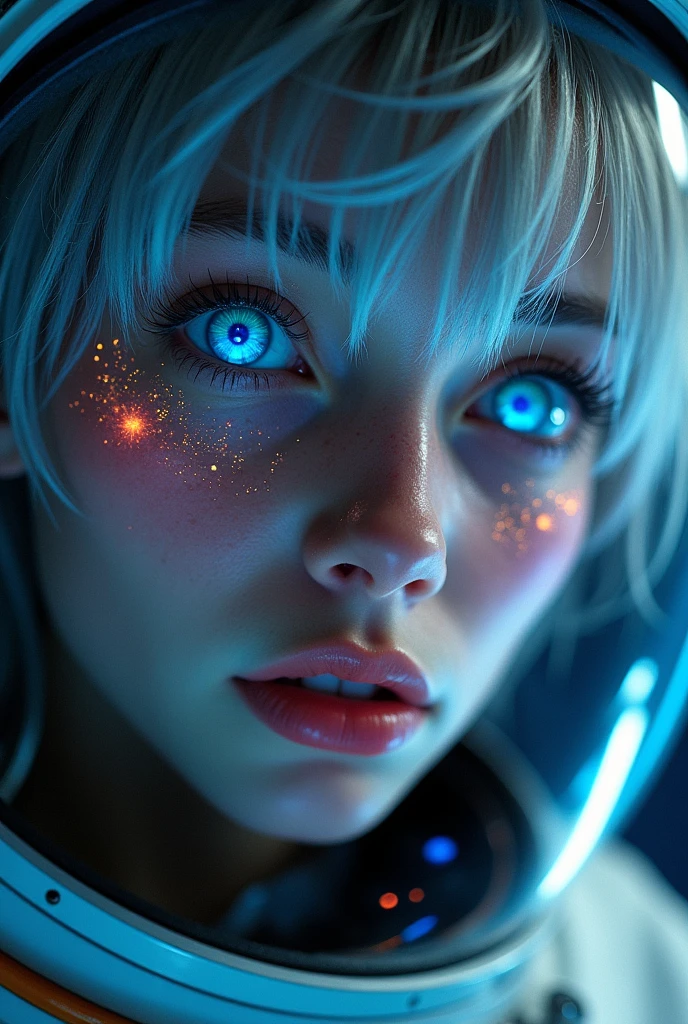 (Close-up of a better masterpiece:1.5)0.9], (Space and astronauts:1.2) (Messy silver hair:1.1) (Heterochromia xanthochromia and blue eyes:1.2) (Space Helmet:1.0) (Colored stars in the eyes:1.0) (A radiant glow:1.1) (thick lips:0.9)