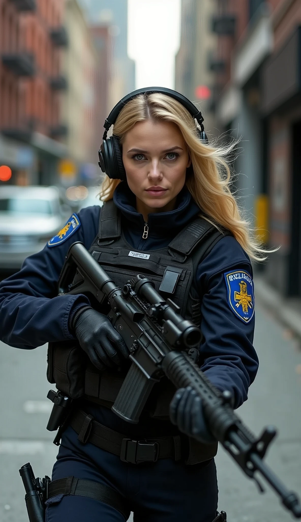 (masterpiece,Highest quality,Ultra-high resolution),One Woman,American Women,blonde,(Beautiful Eyes,Beautiful Hair,Beautiful Skin,Beautiful Face),Severe,whole body,(Shootout in the city,Combat in a narrow alley),(Dynamic Movement),((Small machine gun)),Police special forces uniform,Bulletproof vest,Combat Boots,Tactical Foster,Tactical Headset,Tactical Helmet,(The background is New York City),(((Background Blur)))
