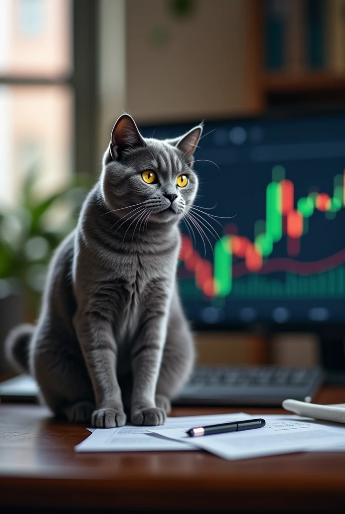 The gray cat looks at the investment K-line