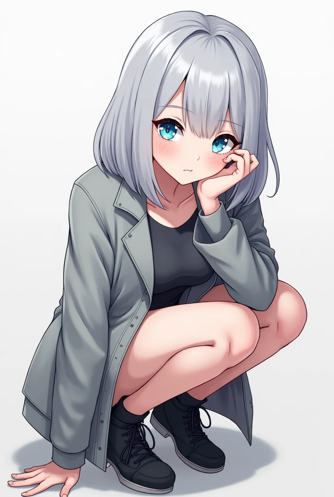 Girl, 20s, silver hair, bob hair, cool, blue eyes, illustration, mini character, whole body cannot be seen, crouching