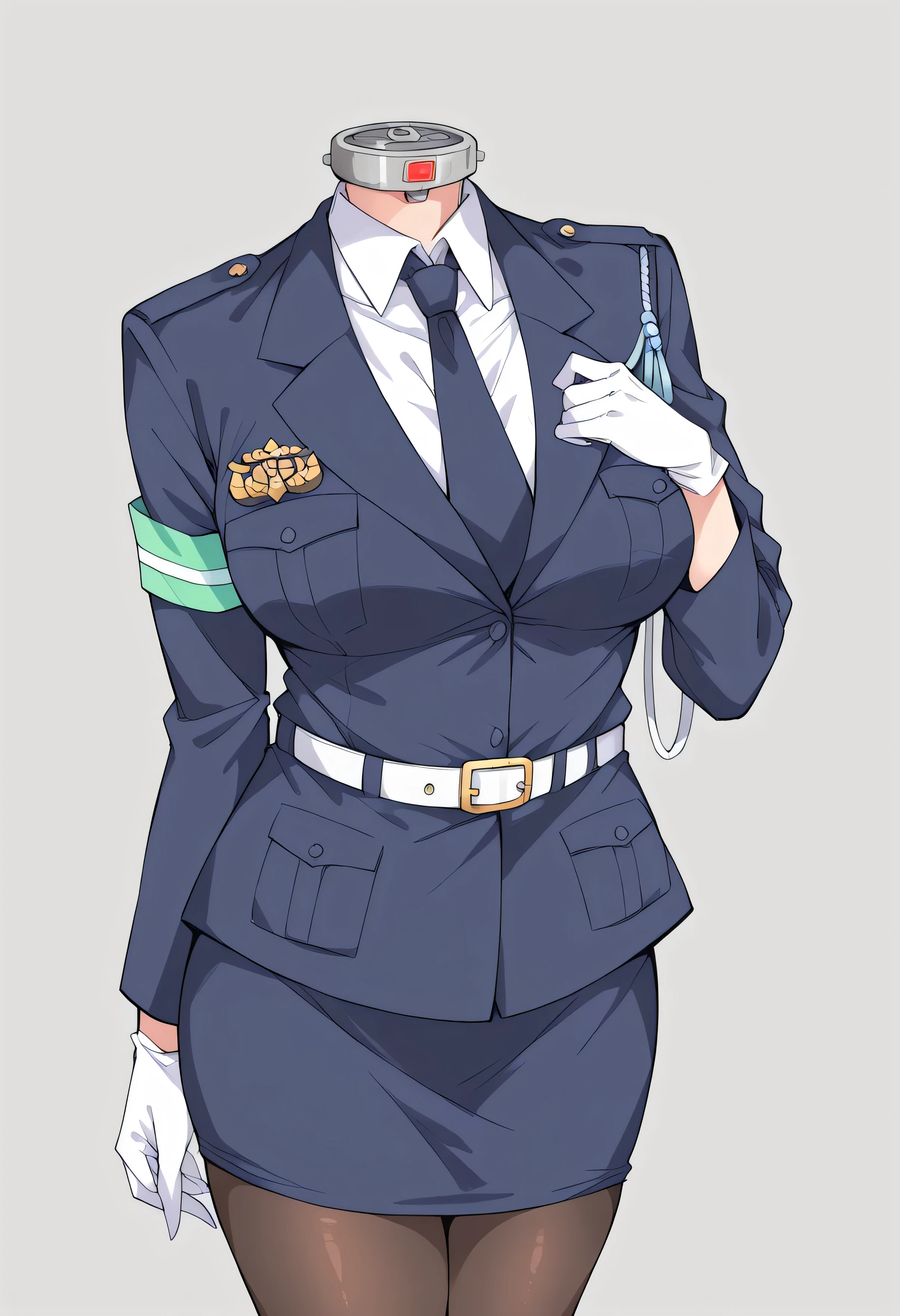 score_9, score_8_up, score_7_up,(source_anime,2D:1.0), high res image,masterpiece,best quality, mature woman, headless, simple background, police, police uniform, skirt suit, blazer, (((white belt))), necktie, white gloves, white lapel trim, tight clothing, bodycon miniskirt, epaulettes, high heels, pantyhose, anime style,(zPDXL),headless,control collar,what,Dullahan,1girl,solo,holding,