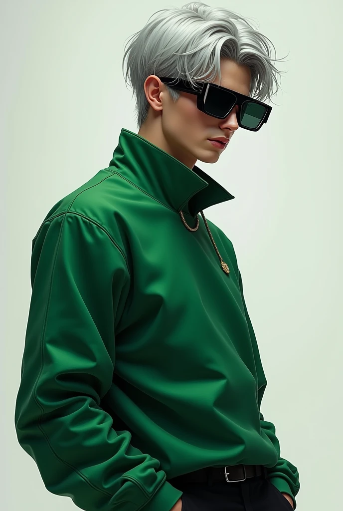 Un personnage tout en noir avec un sweet vert et des cheveux couleur argent avec des lunette 3d
Vu de profil avec un air arrogant (c'est un garçon)